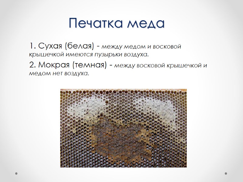 Печатка меда  1. Сухая (белая) - между медом и восковой крышечкой имеются пузырьки